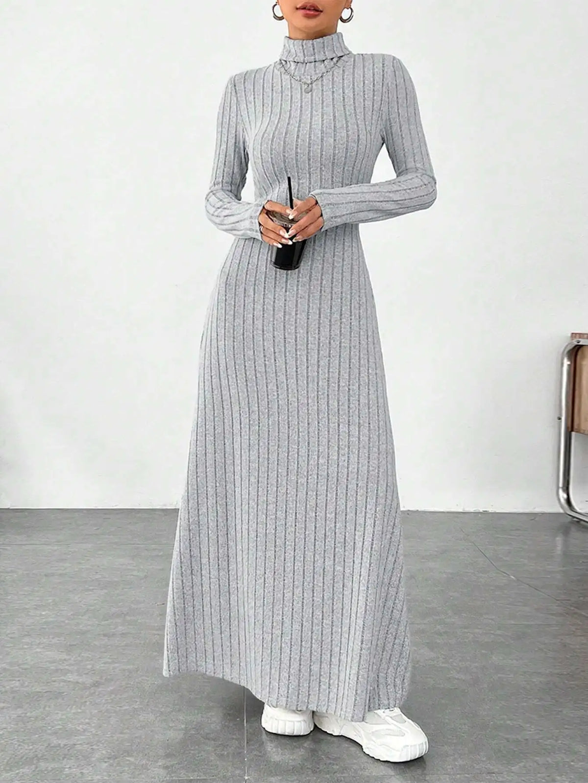 Women's Clothing 2025 Autumn/Winter Elegant Slim-Fit Turtleneck Solid Color Sweater Dress