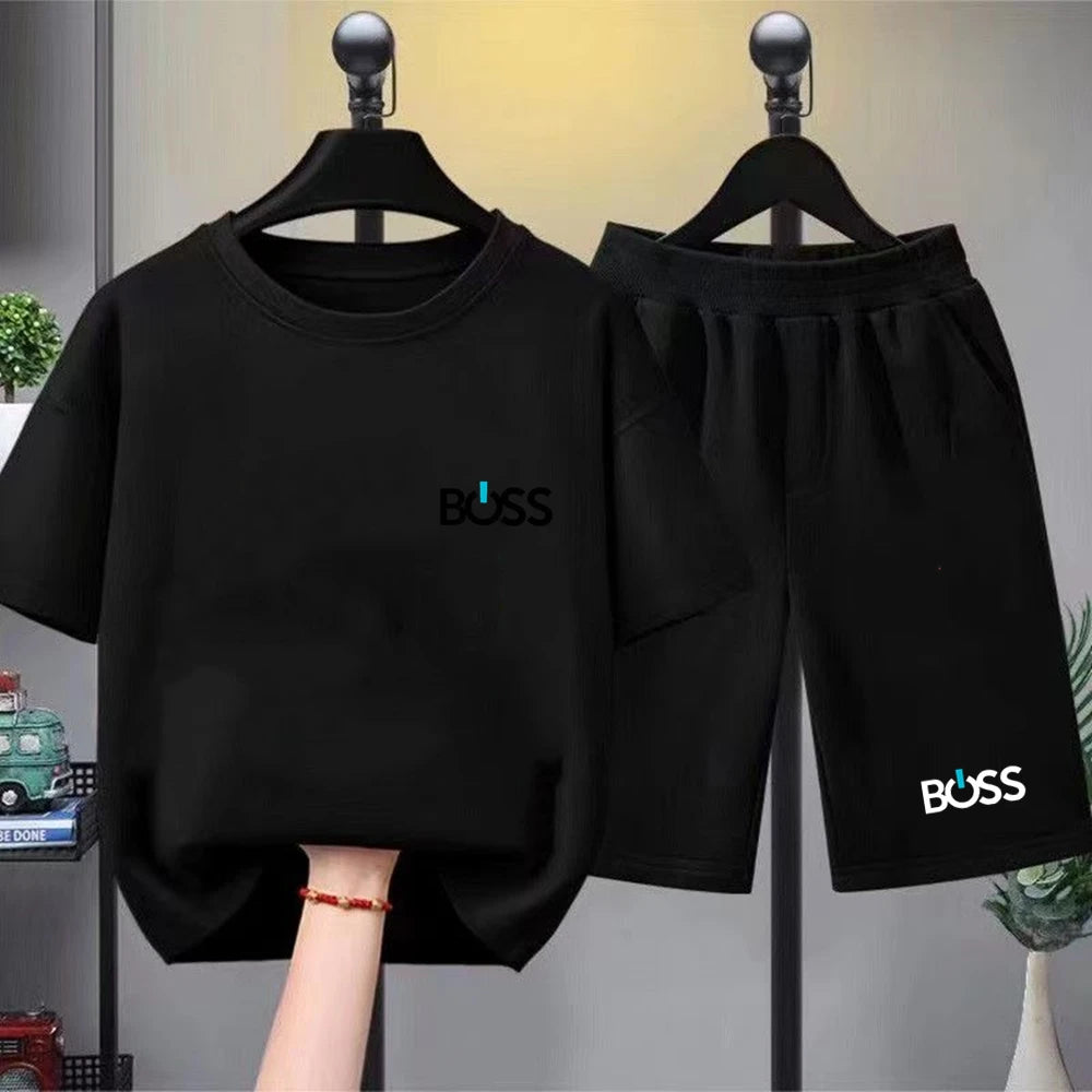 Child T-shirt Summer Short Sleeve Print Children Age 3-12 Girls Boy Set White Black Tshirt+Shorts 2pcs Leisure Fashion Kids Set