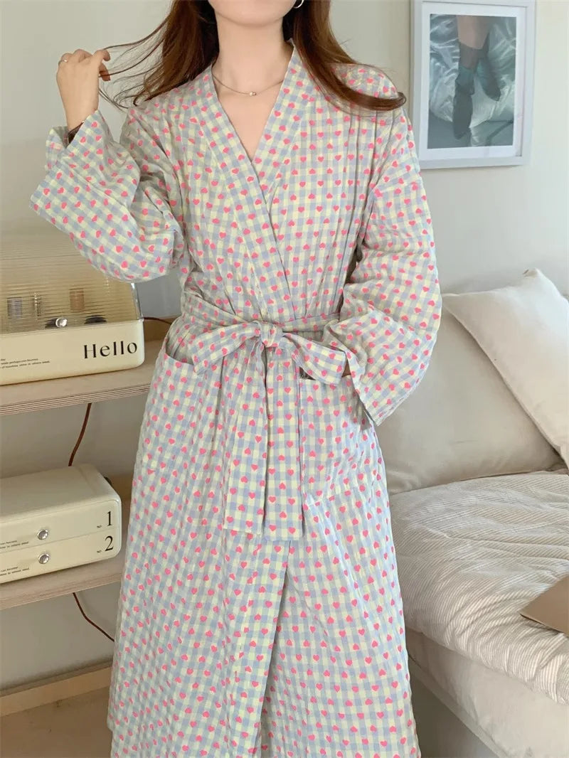 Women's Robe Bathrobe Bathing Love Plaid Loose Long Sleeve Long Kimono Pajamas V-neck Lace Up Trousers Nightgow Sexy Ladies Girl