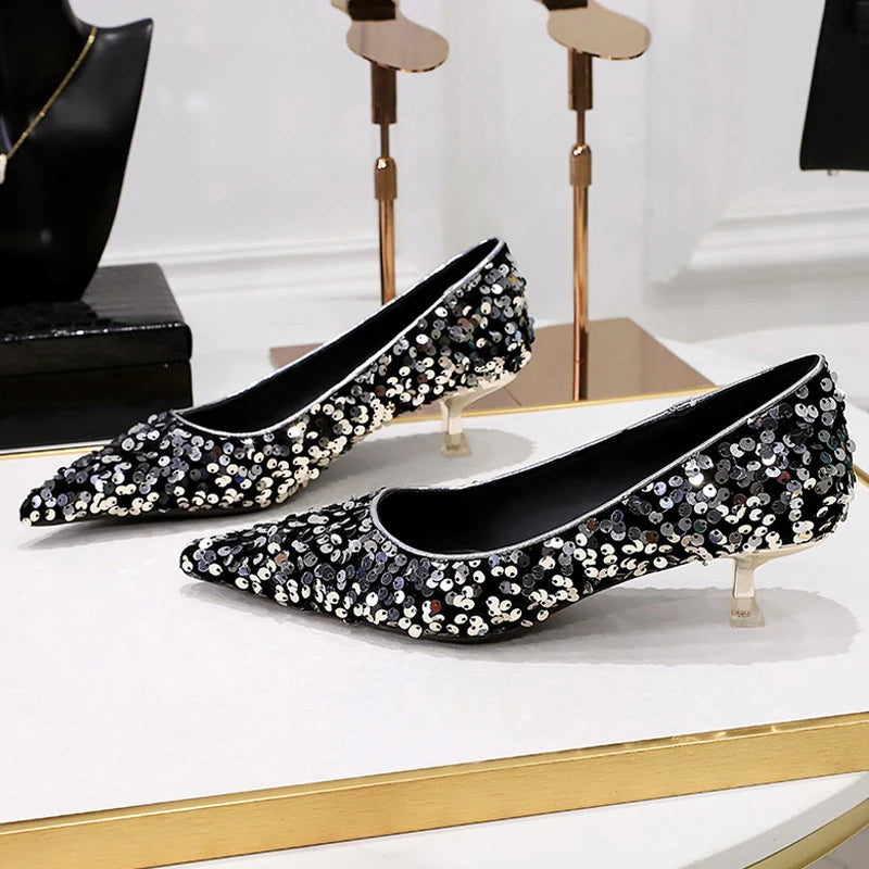 Escarpins Paillettes Femme – Talon Chaton 4,5cm Luxe Banquet Mariage