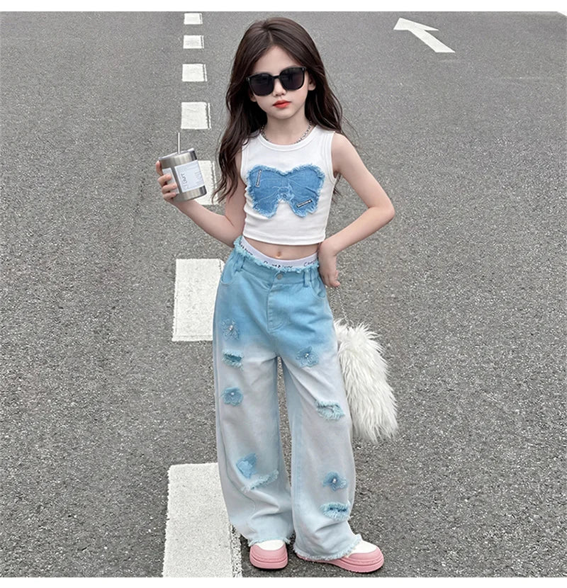 Teenage Girls Clothing Sets Hot Deals Bow Crop Top+Hole Wide Leg Jeans with Butterfly 2Pcs Fashion Gradient Child Clothes Suits