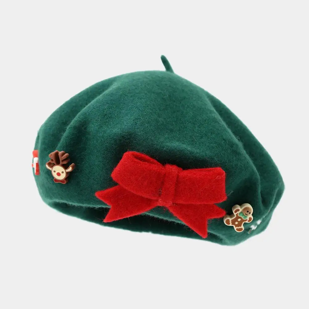 Fashion Christmas Beret Hat Red Green Sweet Christmas Beret Hat Wool Felt Dress Up Xmas Painter Hat New Year Gifts