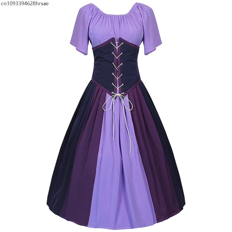Costumes Halloween pour femmes,robe trapèze rétro médiévale,couleur contrastée,robe à épaules en un mot