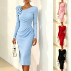 Banquet Dress for Women Elegant Sweet 3D Flower Ruched Bodycon Midi