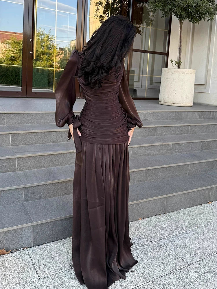 Elegant Temperament Robe Dresses 2026 New Spring Pleated Solid Color Maxi Dress Women O-neck Long Sleeved High Waist Party Dress