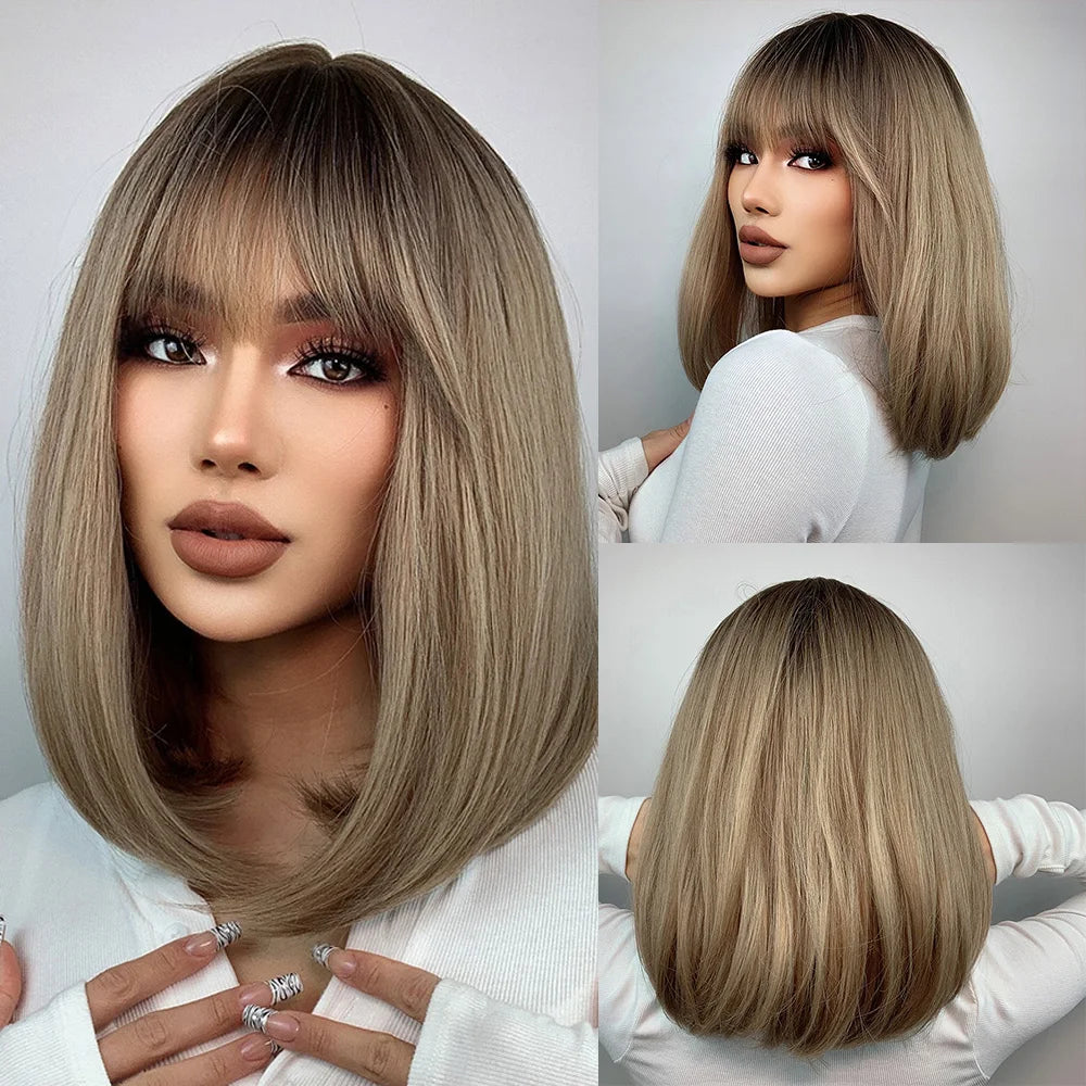 LOUIS FERRE Short Blonde Highlight Brown Bobo Wigs For Women Daily Cosplay Natural Straight Wig High Temperature Synthetic Wigs