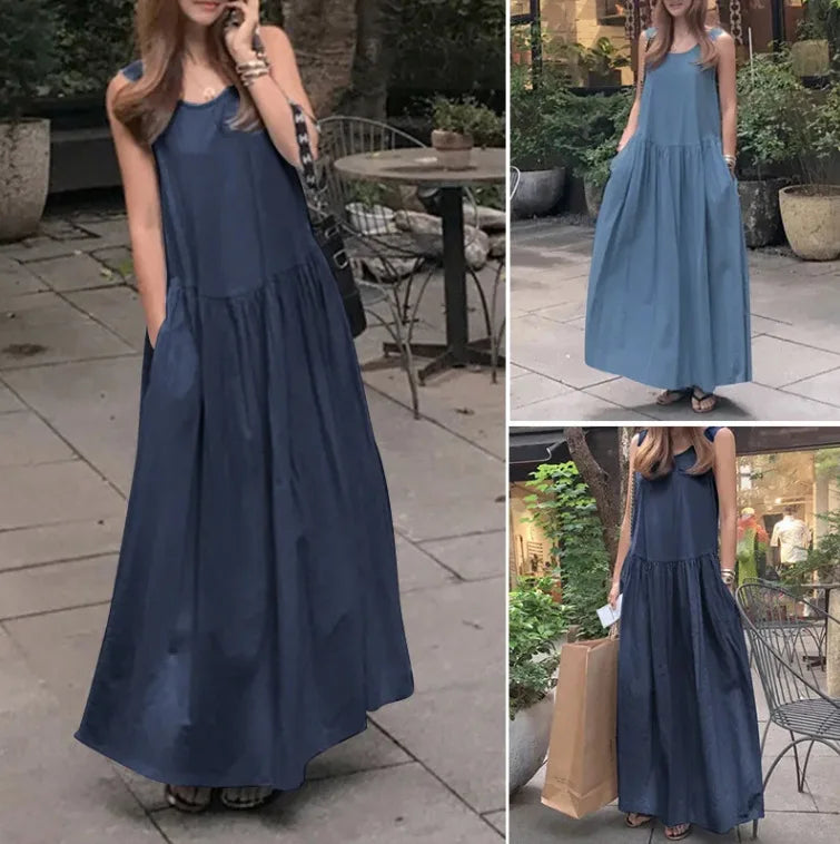 Women's Dress 2025 Summer Cotton and Linen Casual Round Neck Sleeveless Large Size Loose Solid Color Vest Long Swing Dress
