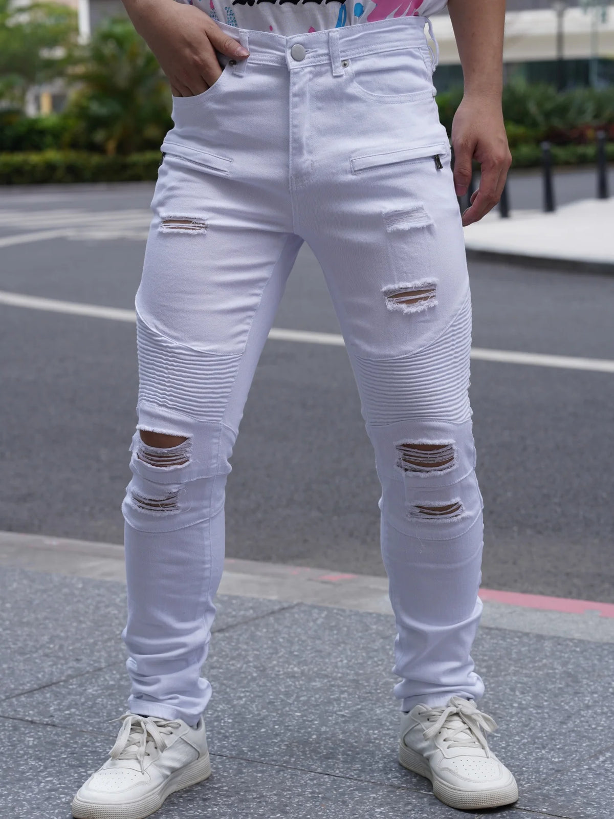Jean blanc homme déchiré – Coupe slim streetwear
