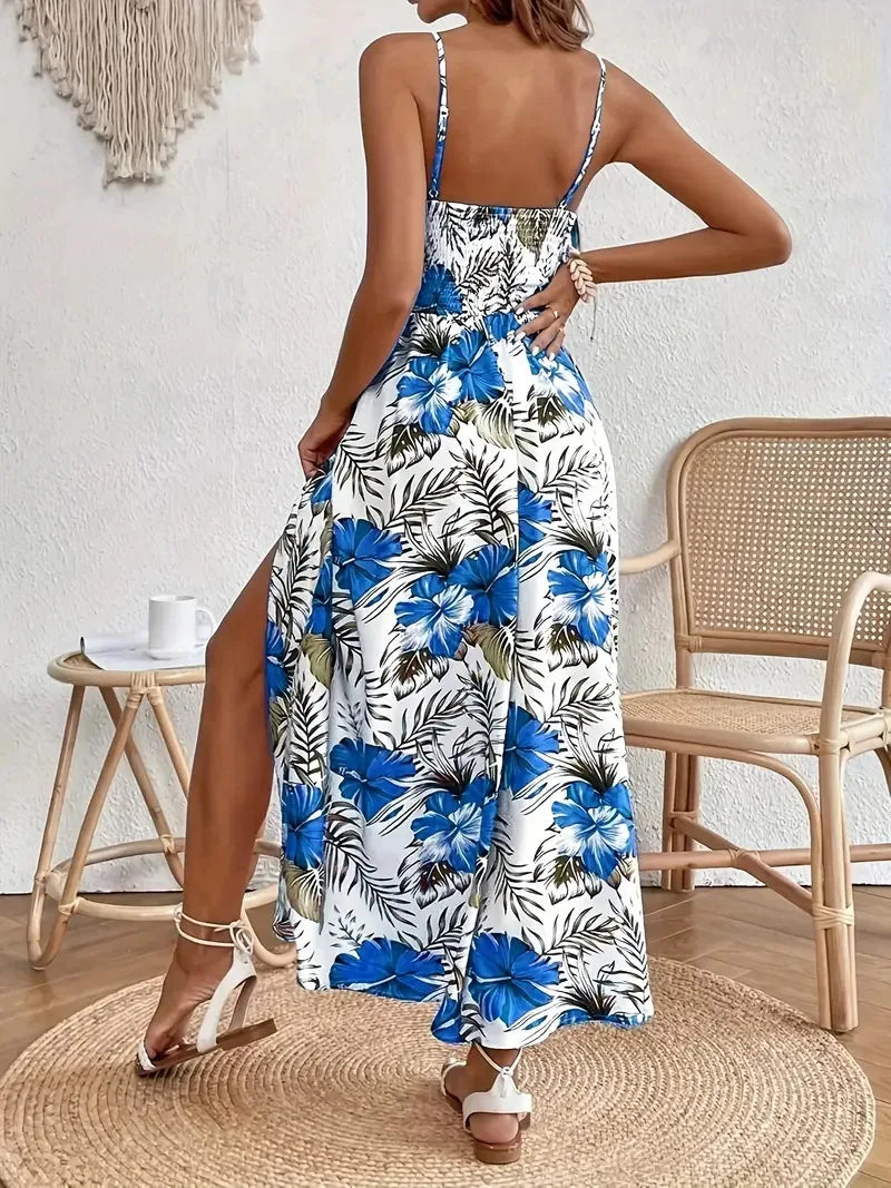 Robe Femmes V-neck Suspender Bohemian Style Fashion Printed Hem Slit Loose Dress Womens Summer New Beach Resort Style Long Skirt