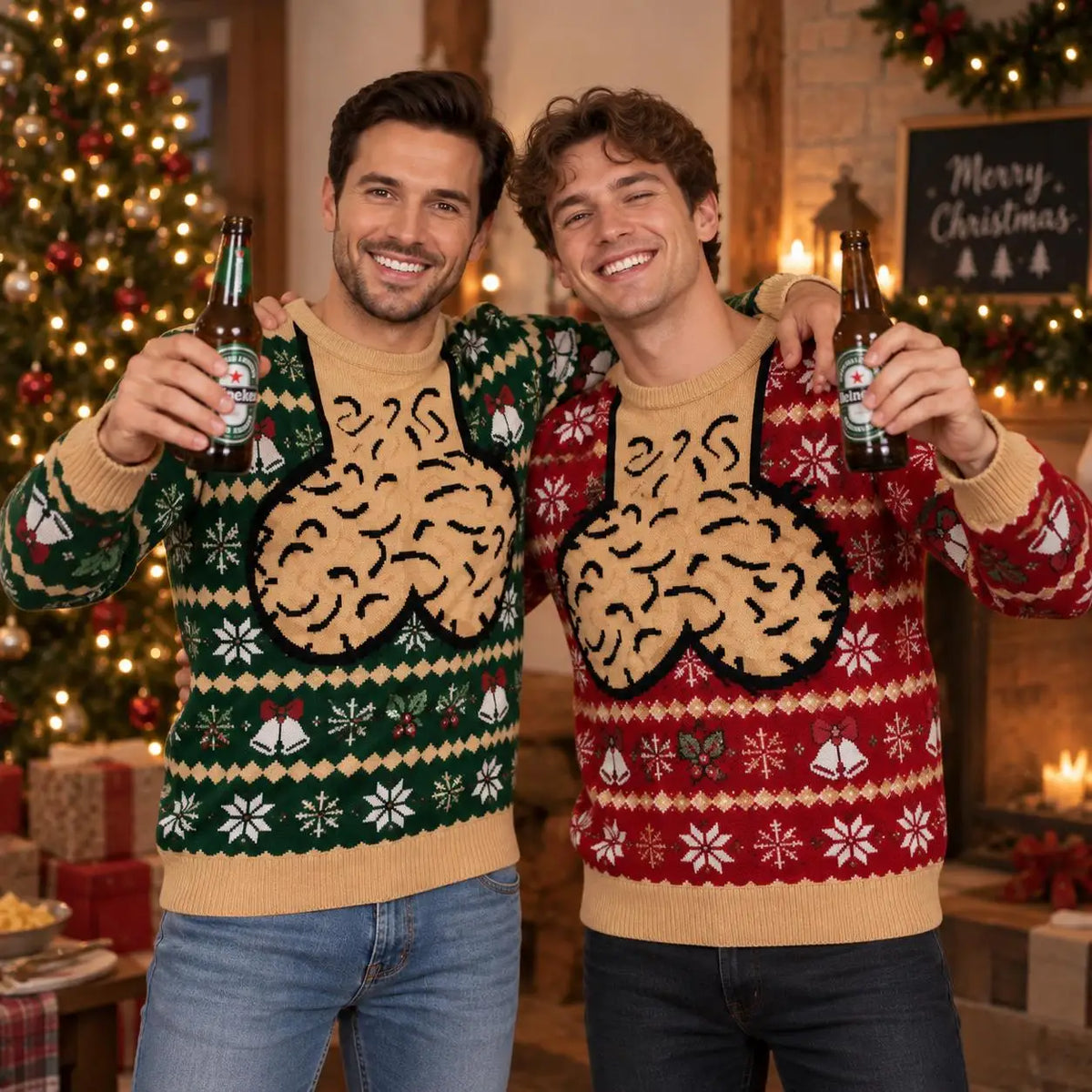 Men Christmas Ugly Shirt Funny Chest Hair Suspender Crew Neck Long Sleeve Snowflake Bell Green Red Blue Xmas Party Gifts