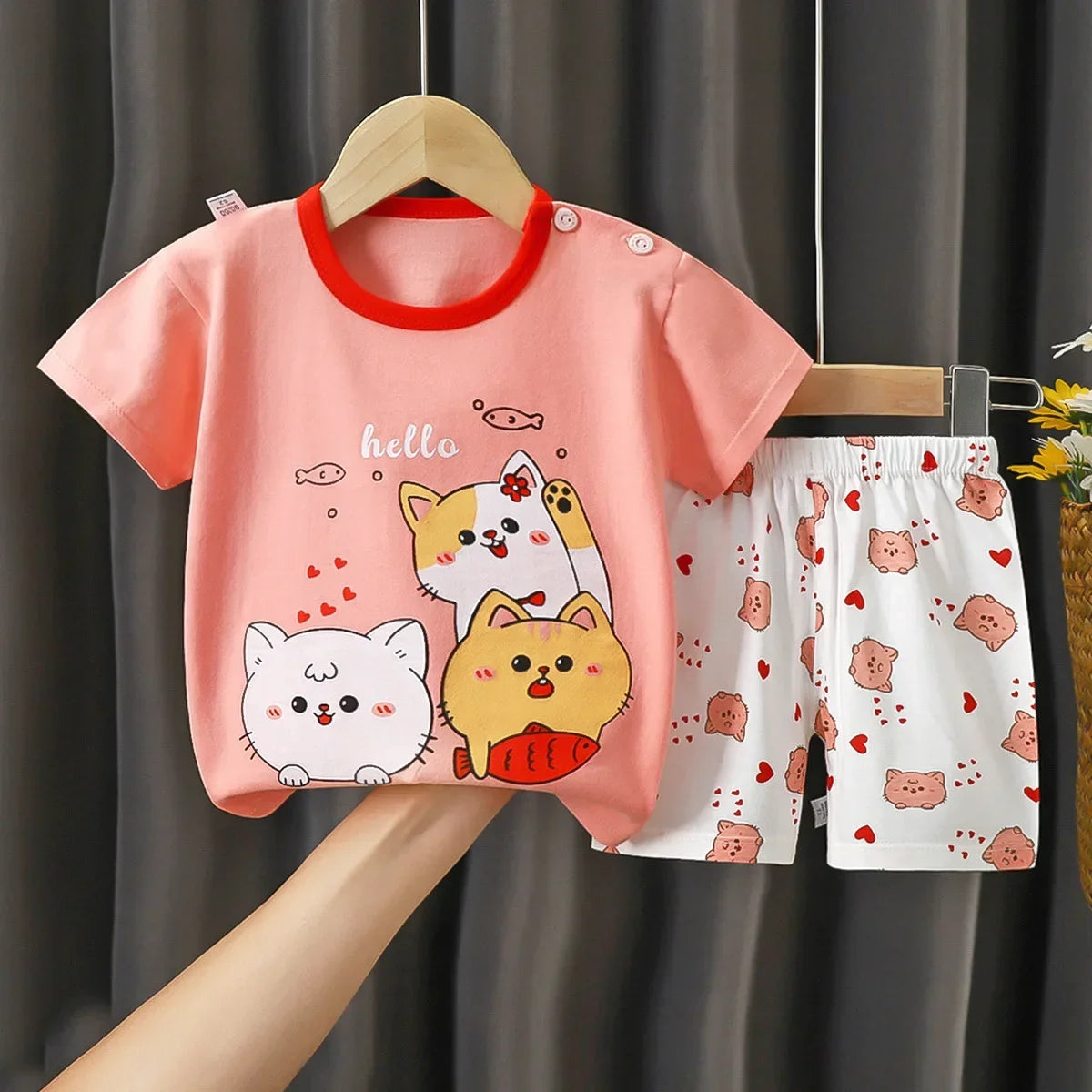2-6 Years Baby Girl Summer Set Children's Short-sleeved Shorts Suit Cotton T-shirt Little Girls Unicorn Giraffe Cartoon Set