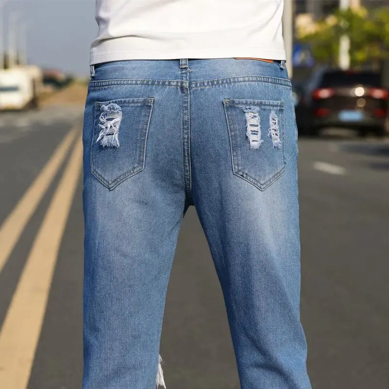 Men's Summer Thin Loose Straight Leg Jeans Casual Nine Point Ankle-Length Torn Elastic Cotton Denim Youth Fashion Wear