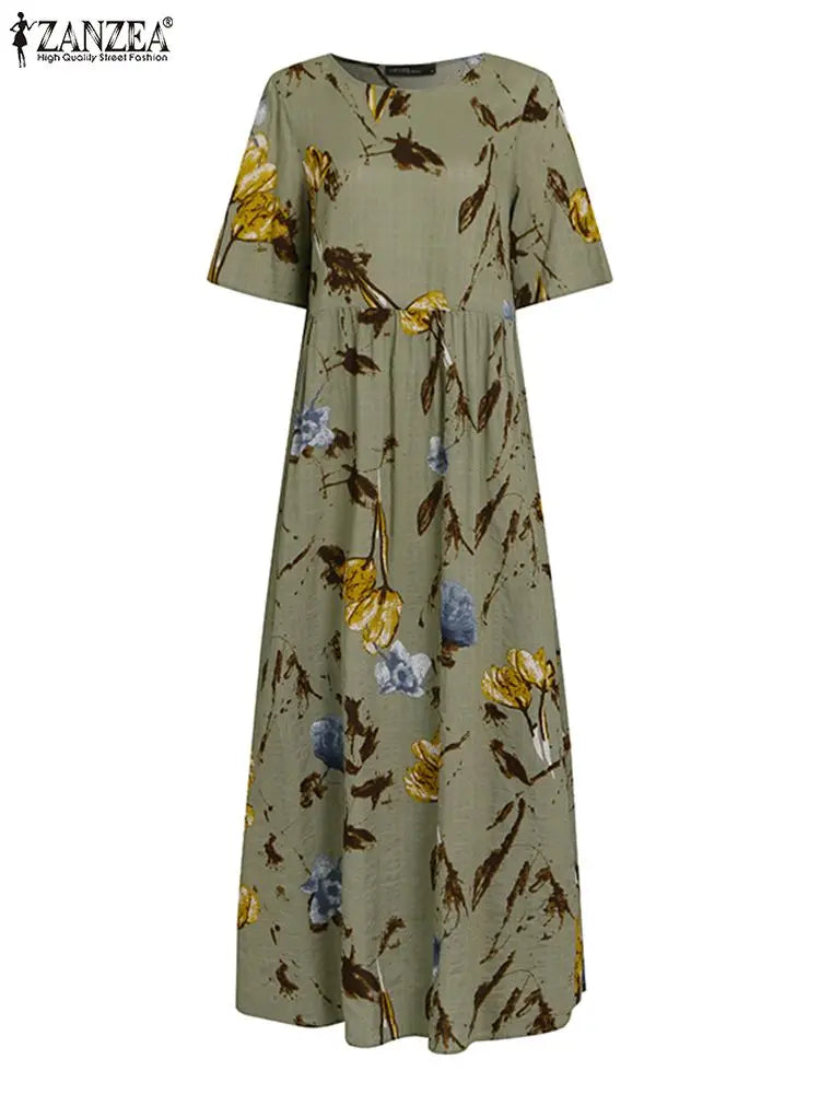2025 ZANZEA Bohemian Holiday Sundress Summer Women Vintage Floral Printed Short Sleeve Beach Dress Loose Long Vestido Robe Femme