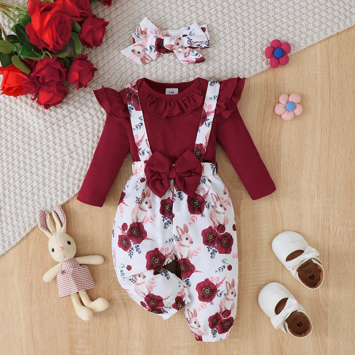 3Pcs Baby Girl Set Flying Sleeve Pit Strip jumpsuit+Printed Strap Pants+Headband Set 0-24 Months Baby Girl Spring Autumn Set