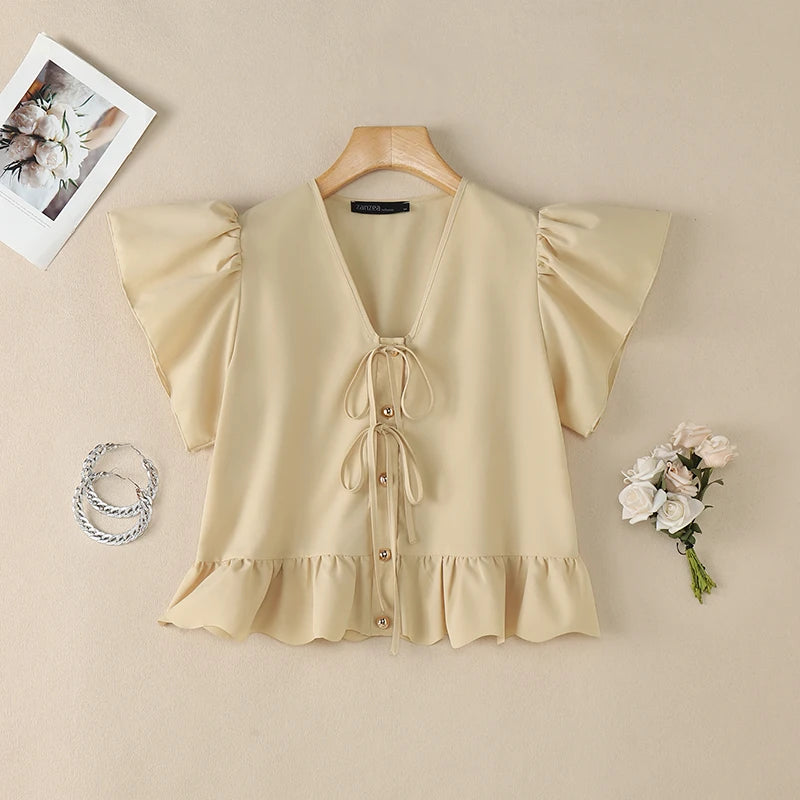 ZANZEA Summer Women Tops 2026 Elegant V Neck Short Sleeve Work Shirt Femme Casual Lace -Up Blusas Stylish Ruffled Holiday Blouse