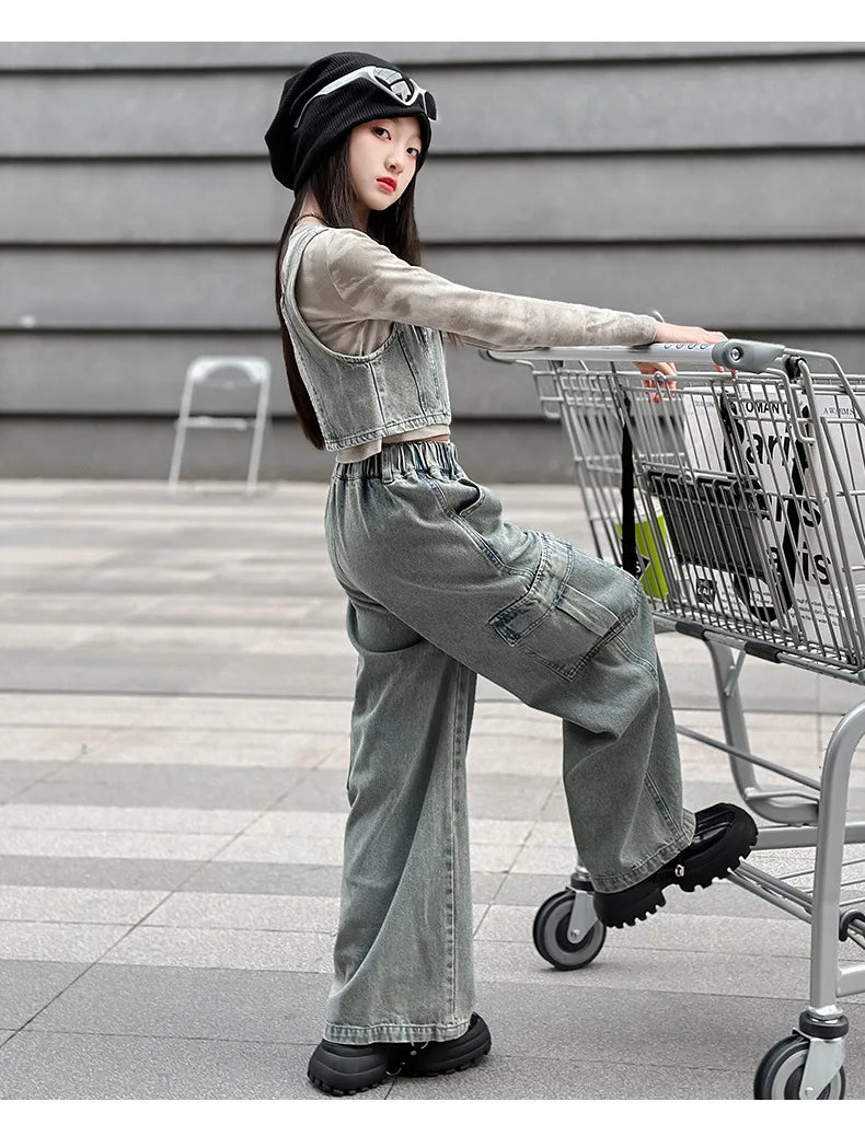 vetement enfant fille denim vest+top t shirt+cargo pants jeans three pcs kids girls clothes sets childer outfits clothing suit