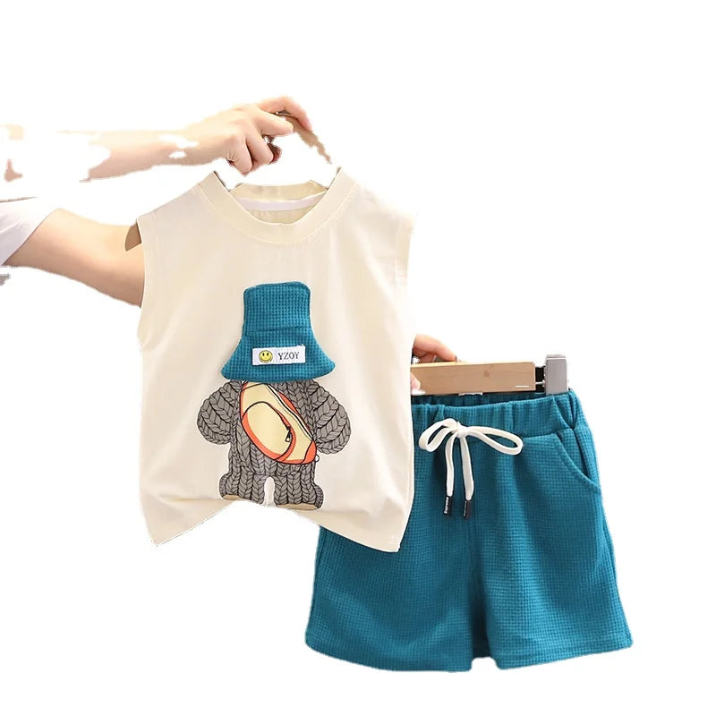 Korean Children Summer Sets Girl Boy Sleeveless Vest Shorts Suit Child Clothing Fashion Outfits Kids Costume