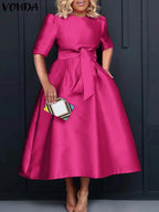 Plus Size Women Stain Dress 2024 Summer Sexy Puff Sleeve Evening Party Dress VONDA Beach Sundres Casual Loose Robe Vestidos