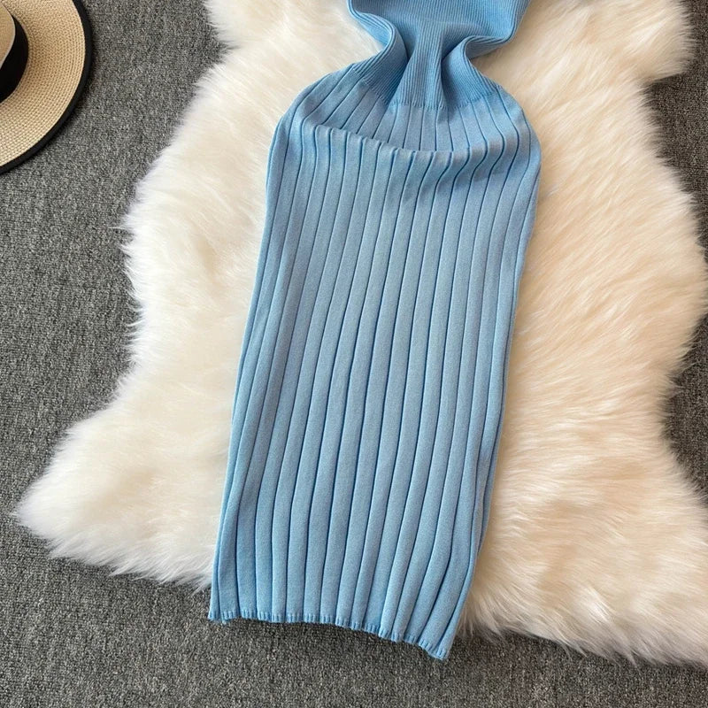 Elegant Knitted Long Dress Women Summer V Neck Single Breatsed Short Sleelve Bodycon Dresses Fashion Party Office Lady Vestidos