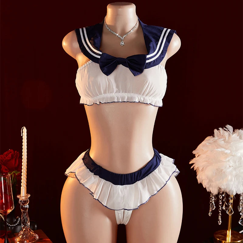 Women Uniform Temptation Sexy Lingerie Crotchless Nightgown Underwear Set Schoolgirl Cosplay Uniform Sex Outfit Erotic Costumes