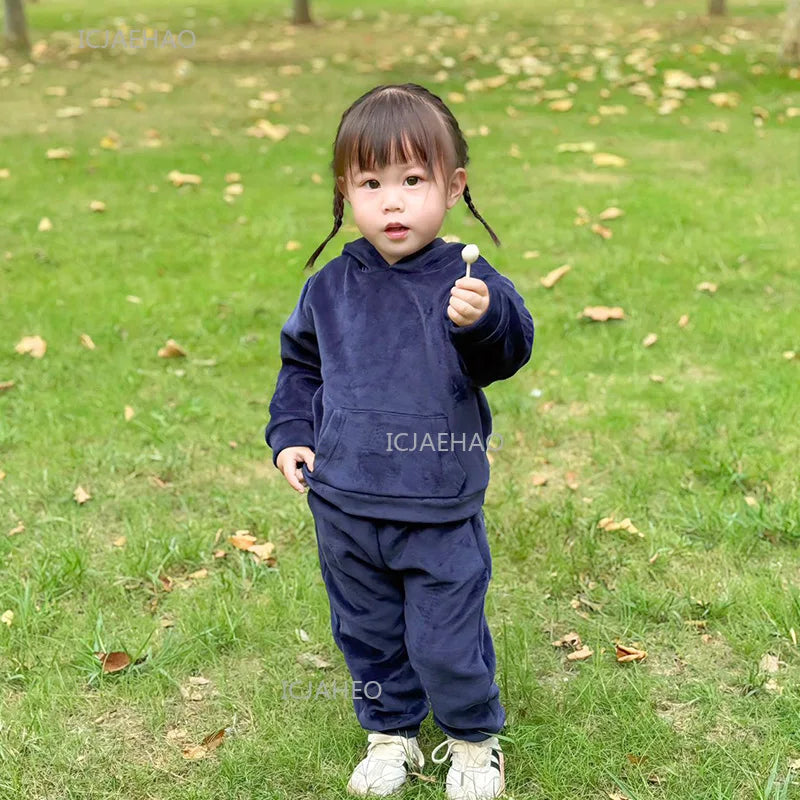 Boys Girls Velvet Warm Long Sleeve Hooded Outfit Set Children Clothing Casual Tracksuit Outdoor Wear Autumn Winter Kids Clothes