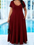 Plus Size Women's Solid Black Maxi Dress Summer Casual Short Sleeve Crew Neck A Line Flowy Long Dress With Pocket Beach dresses