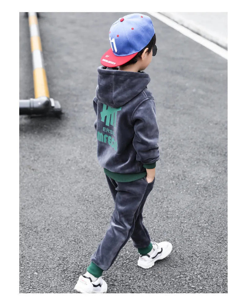 Boys Double-sided Velvet Sets Children Fashion Casual Hooded Suit Kids Autumn Winter Jackets+Pants 2Pcs Outfits Teenager Clothes