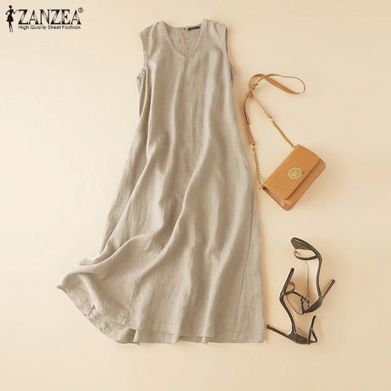 ZANZEA Plus Size Cotton Sleeveless Dresses 2025 Summer Womens Casual V Neck Solid Sundress Loose Vestidos Vintage Robes Femme