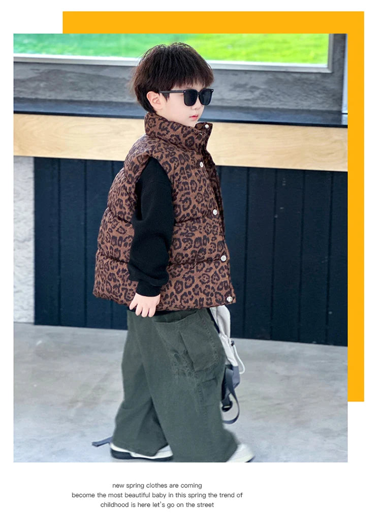 New Fashion Baby Boy Girl Leopard Print Sleeveless Vest Elegant Kids Children Winter Waistcoat Age 2 3 4 5 6 7 8 9 10 11 Years