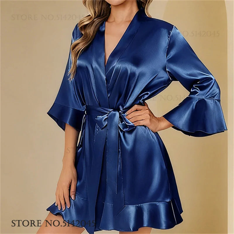 Robe de chambre femme satinée – Kimono à col V