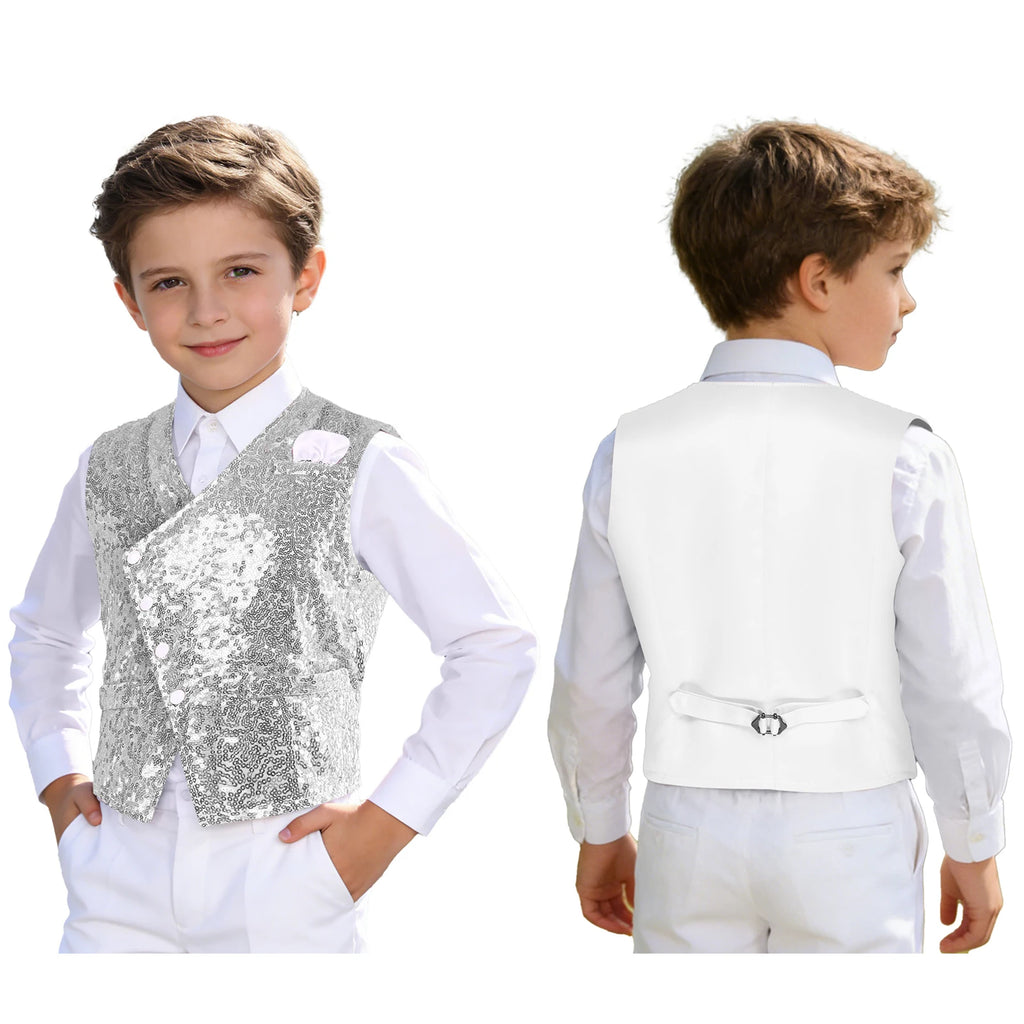 Kids Boys Glittery Sequin Waistcoat Fashion Childs Button-down Vest Tank Top for Birthday Party Prom Dance Wedding Costume Vests