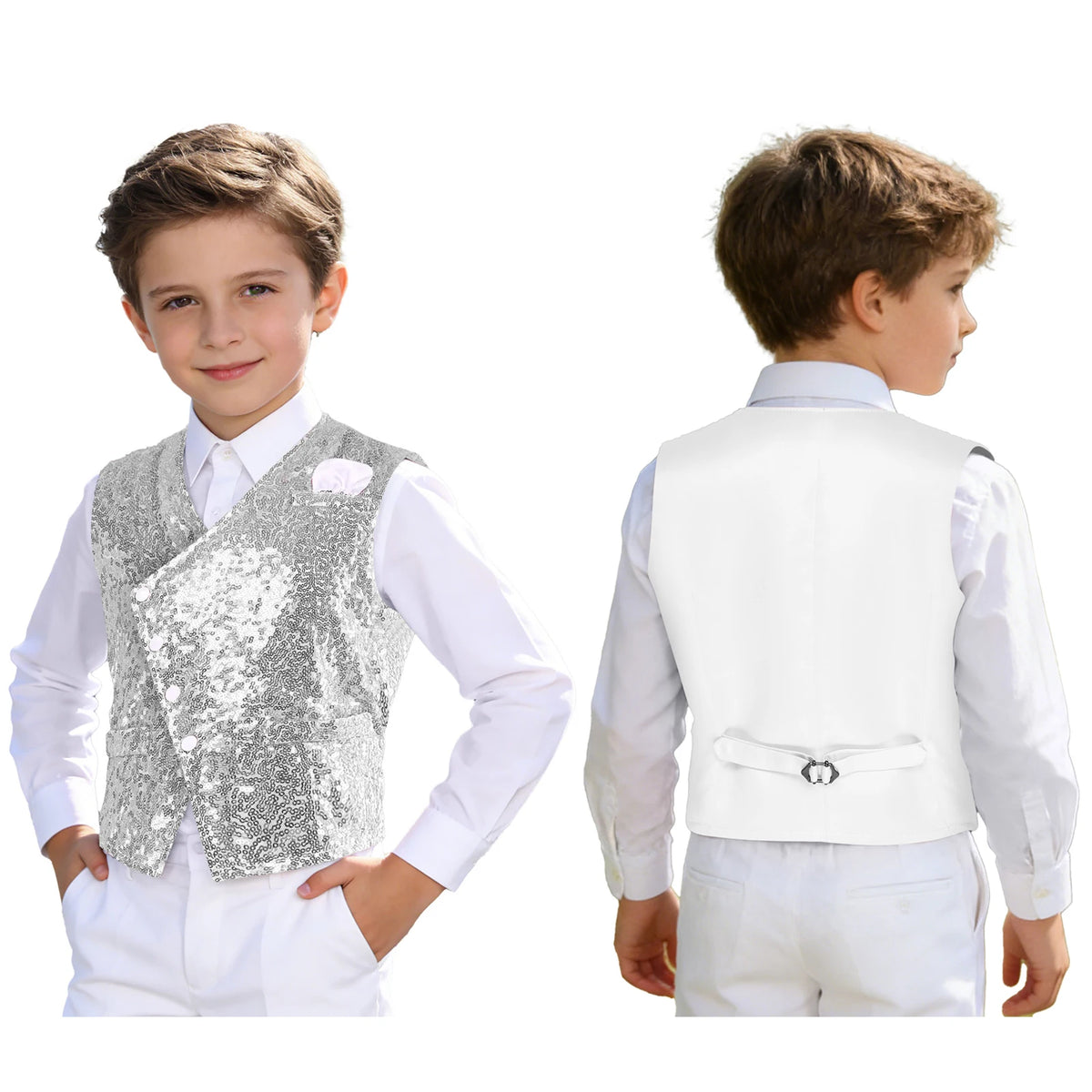 Kids Boys Glittery Sequin Waistcoat Fashion Childs Button-down Vest Tank Top for Birthday Party Prom Dance Wedding Costume Vests