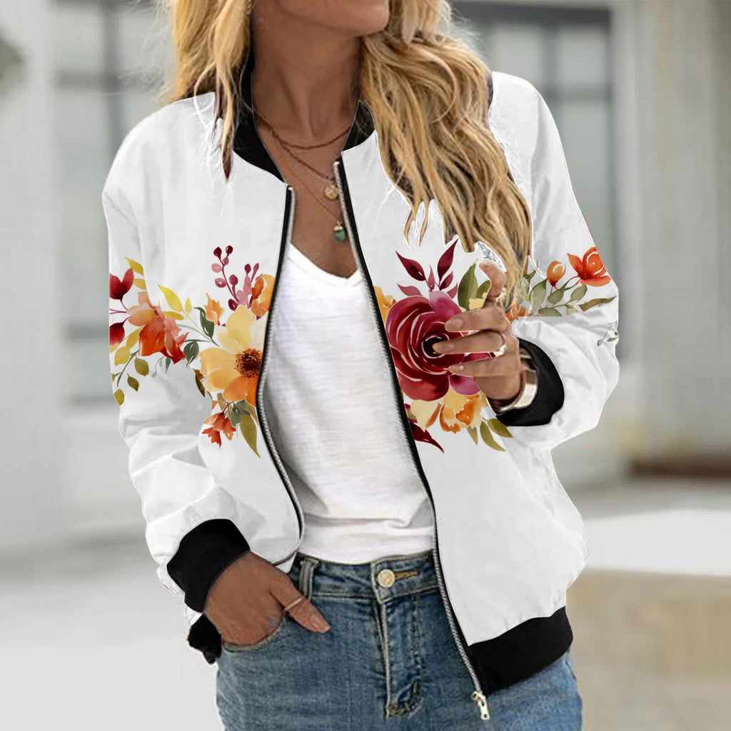 Veste Bomber Femme Imprimé Floral – Courte Zipée Casual Automne Hiver