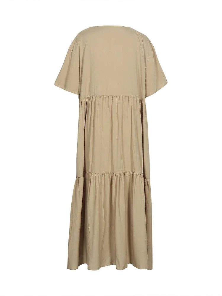plus Size Women's Casual Loose V-Neck Solid Long Dress Spring Summer Pleated Big Size Women's Dress