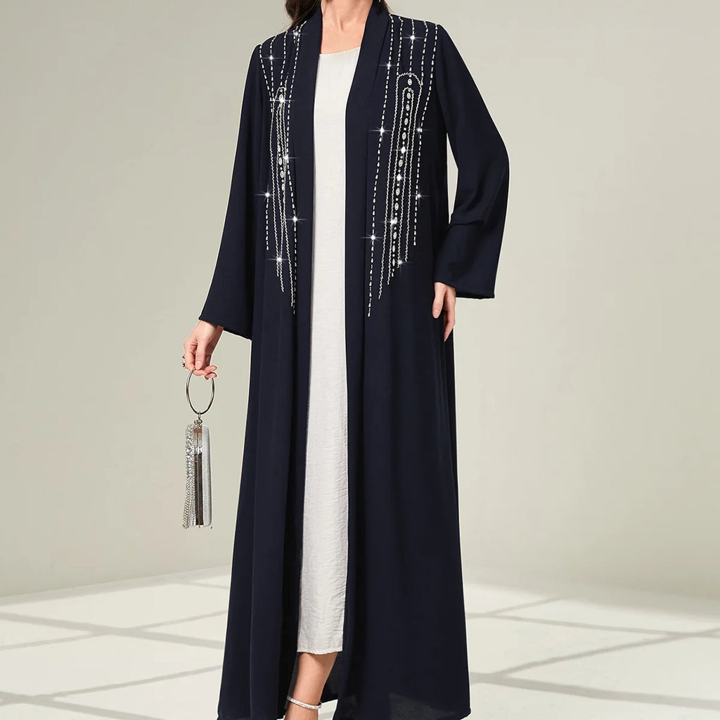 Abaya Cardigan Femme – Robe Longue Musulmane Soirée Éïd Détail Diamant