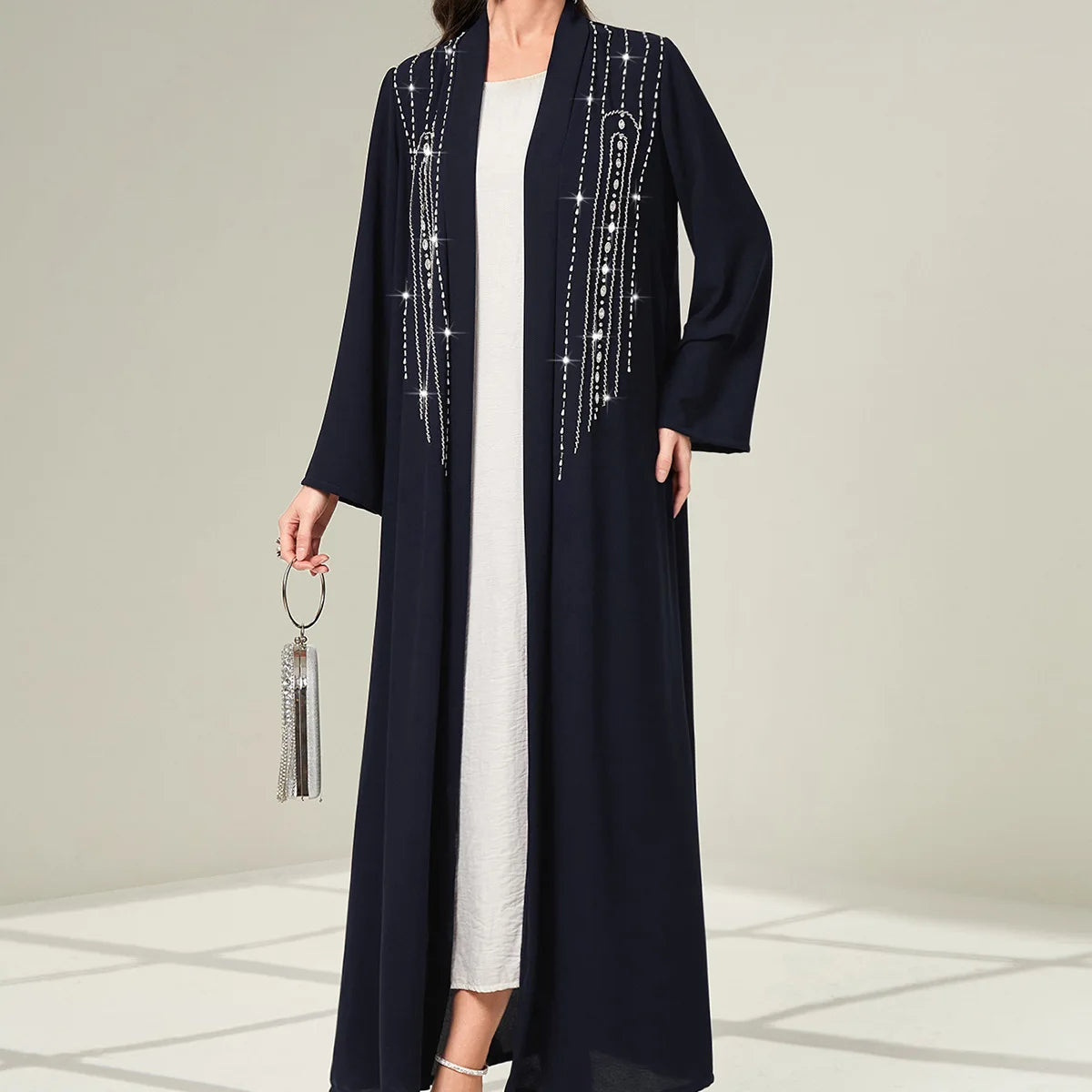 Abaya Cardigan Femme – Robe Longue Musulmane Soirée Éïd Détail Diamant