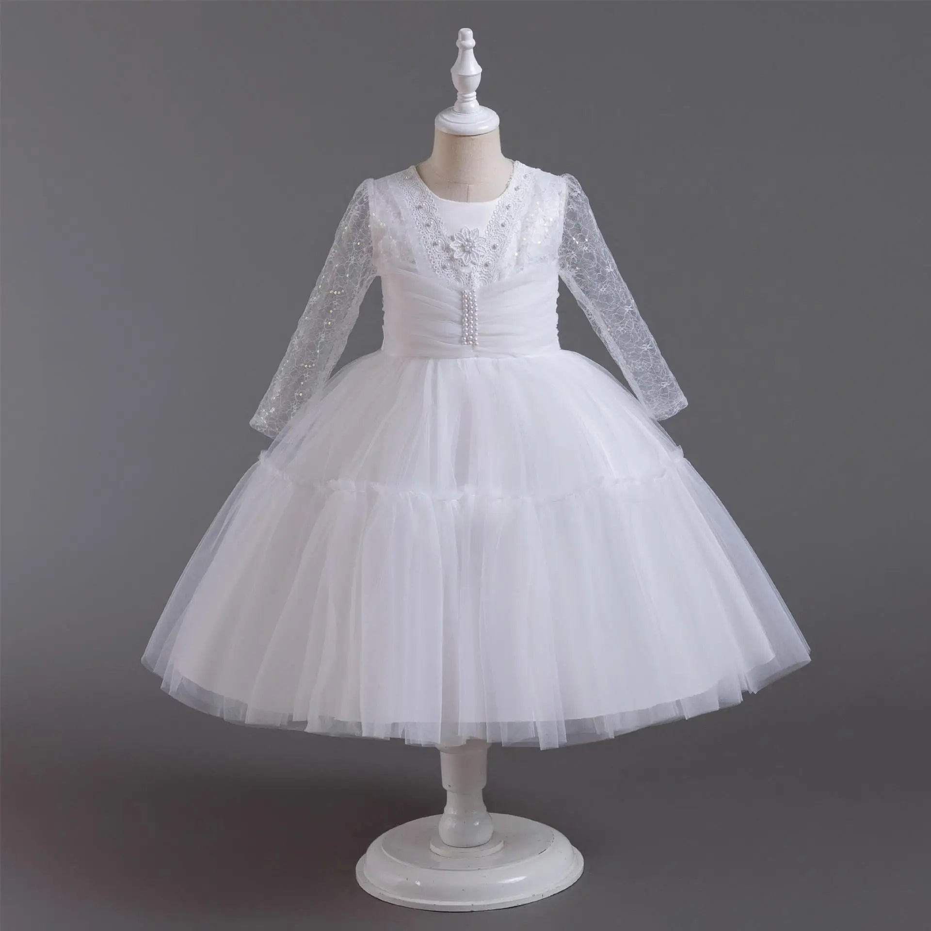 Retro Lace Kids' Dresses Beadding Draped Tulle Party Dress for Girls White Long Sleeeve Children Performance Costumes 3-10 Years