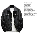 Veste Jean Homme Troue – Manteau Denim Ample Col Revers Streetwear Automne Hiver
