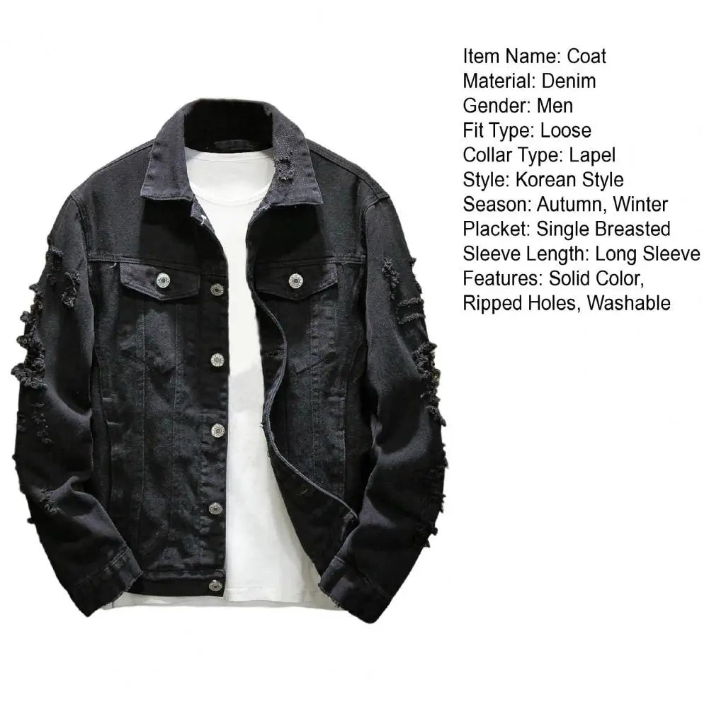 Veste Jean Homme Troue – Manteau Denim Ample Col Revers Streetwear Automne Hiver
