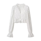 Elegant Solid Lace Ruffles Maxi Skirt Set Women Vintage Single Breasted Flared Sleeve V-neck Slim Blouse Suit Lady Party Outfits