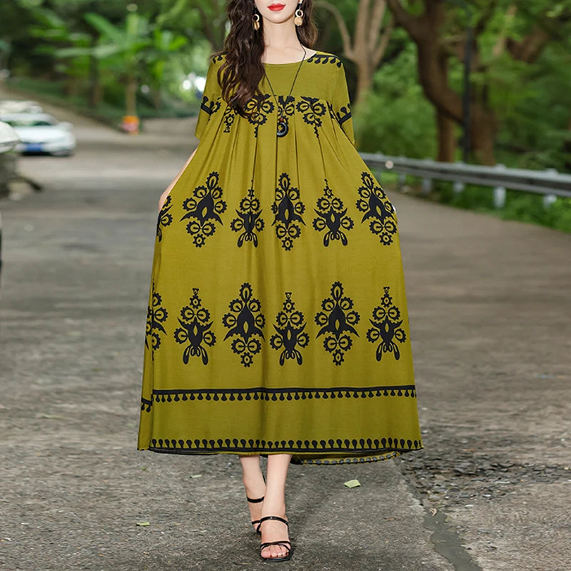 New Fashion Hot Summer Dresses For Women 2025 Casual Flower Print Floral Short Sleeve Dress Vintage Dress Loose Women Clothing
