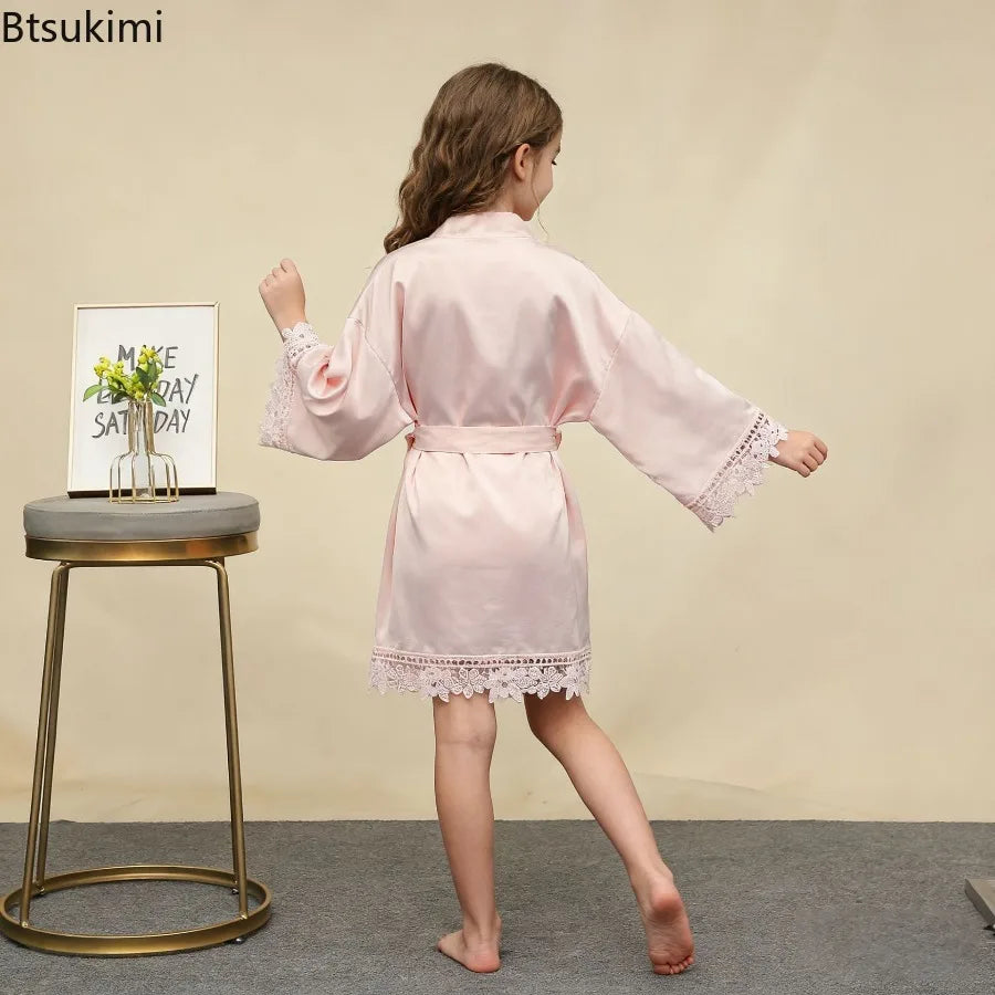 Children's Ice Silk Pajama Robe Solid Color Matte Lace Morning Robe Pajama Smooth Soft Comfortable Casual Child Sleeping Robe