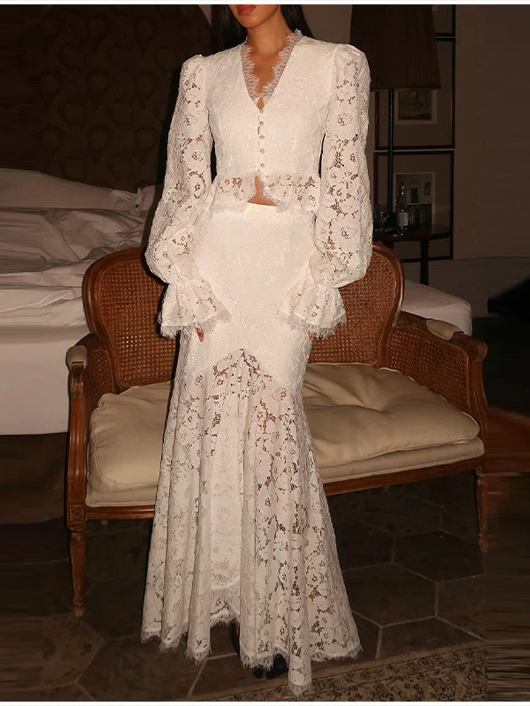 Elegant Solid Lace Ruffles Maxi Skirt Set Women Vintage Single Breasted Flared Sleeve V-neck Slim Blouse Suit Lady Party Outfits