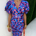 Elegant Women's Dresses Summer Print V-neck Tight Short Sleeved Women