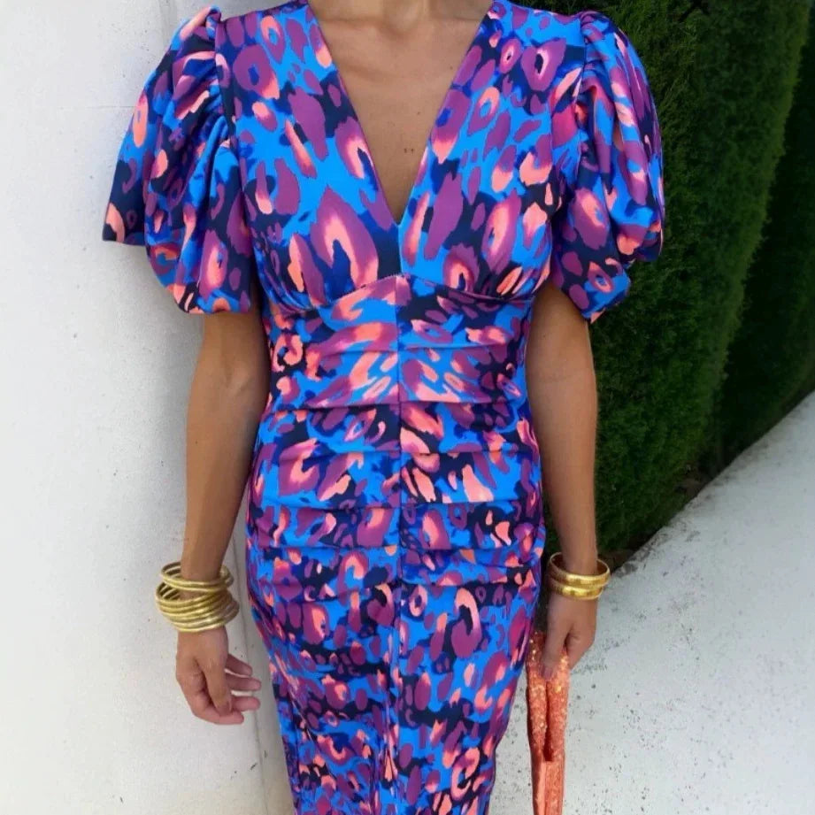Elegant Women's Dresses Summer Print V-neck Tight Short Sleeved Women Retro Vestidos De Fiestas Vacation Mujer Robe Femmes Party