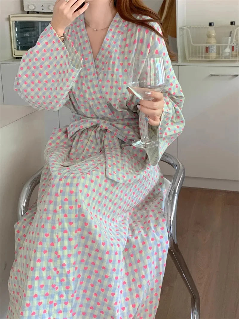 Women's Robe Bathrobe Bathing Love Plaid Loose Long Sleeve Long Kimono Pajamas V-neck Lace Up Trousers Nightgow Sexy Ladies Girl