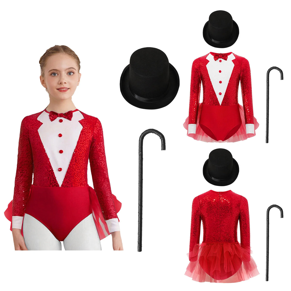 Kids Girls Majorette Leotards Showman Jazz Dance Costume Magician Outfit Tuxedos Bodysuit with Hat And Crutch Sequins Leotard