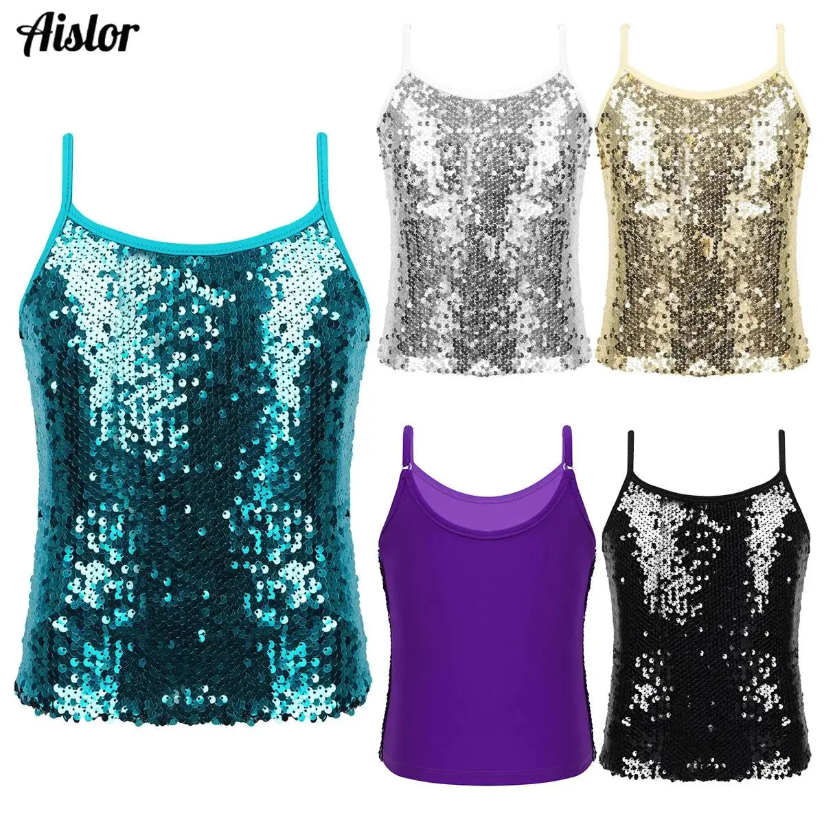 Kids Girls Shiny Sequined Tops Vest Jazz Dance Camisole Tanks Top for Ballet Dancing Stage Performance Girls Clothing Streetwear