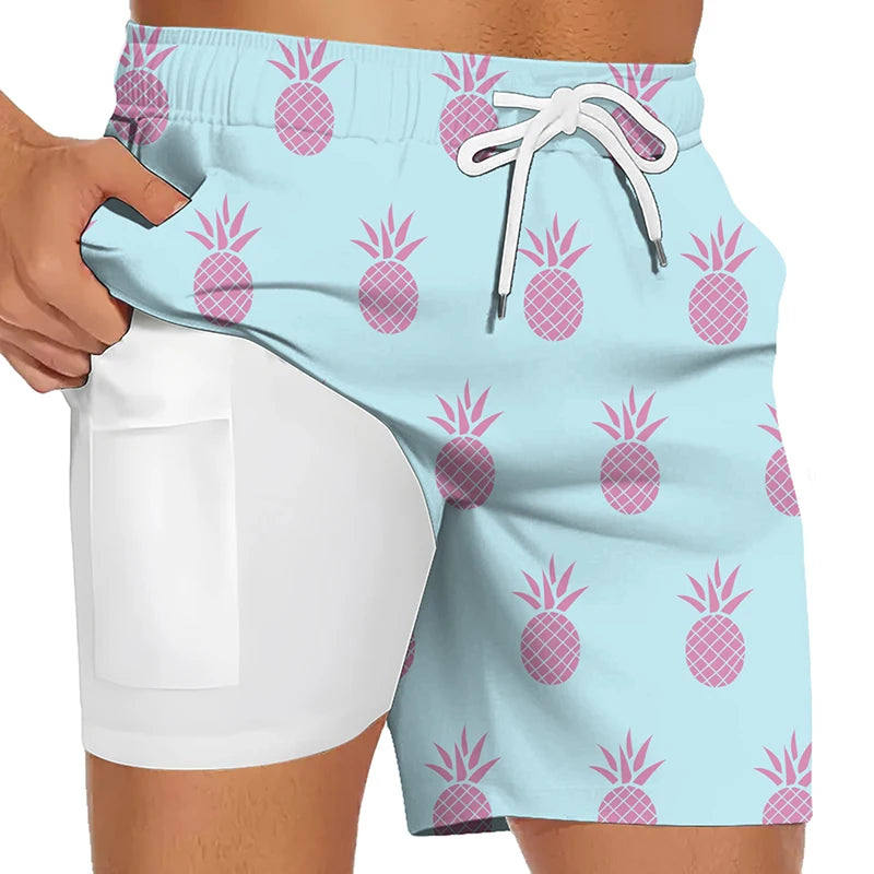 3D Print 2 in 1 Mens Swim Trunks Summer Quick Dry Beach Shorts with Phone Pocket Swimwear Swimsuit Bathing Suit  Board Shorts