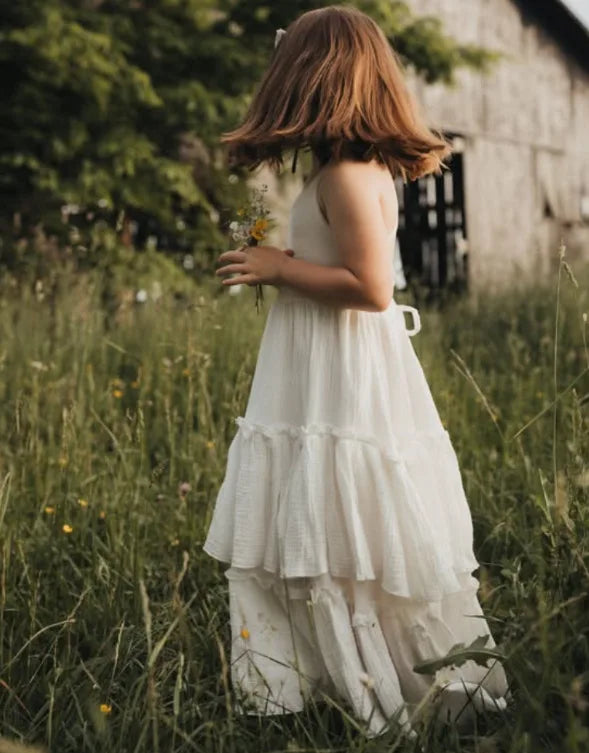 2026 Nordic Girls Spring Summer Cotton Linen Backless Bohemian Lace Mid Length Children Vest Dress